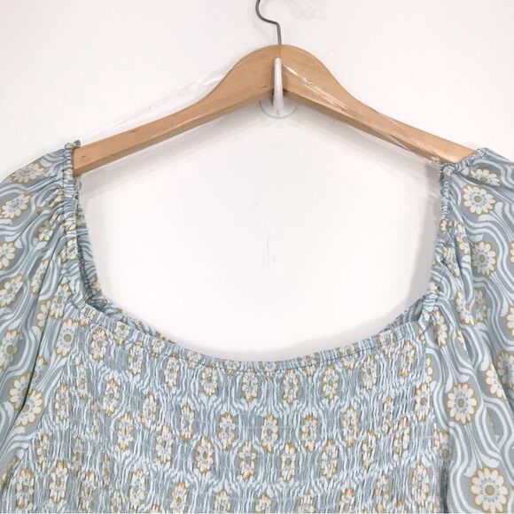 Rewind NEW Light Blue Floral Double Crepe Shirred Front Peasant Boho Blouse - Picture 8 of 15